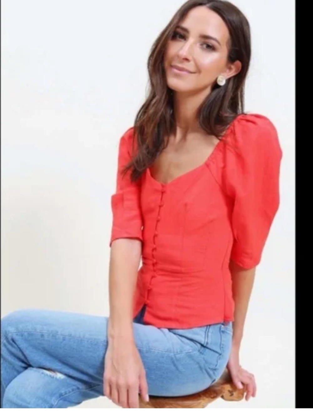 Something Navy Red Linen Blend Blouse Puff Sleeve Beach Resort Tropical
